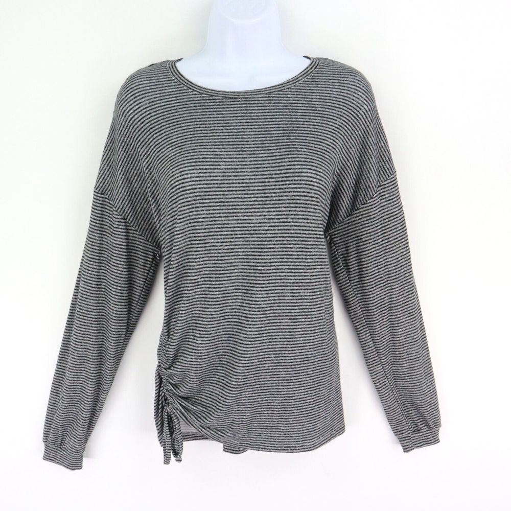 Nine West Shirt Womens Sz S Gray Black Stripes Ruched Side Tie Long Sleeves Soft